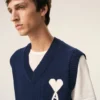 Pulover fără mâneci Ami de Coeur din lână și bumbac, albastru Pulover fără mâneci Ami de Coeur din lână și bumbac, albastru