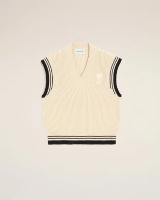 Pulover fără mâneci Ami de Coeur Sweater din lână cu nervuri, alb
