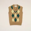 Pulover fără mâneci din lână și bumbac maro cu model Argyle intarsiat Pulover fără mâneci din lână și bumbac maro cu model Argyle intarsiat