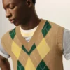 Pulover fără mâneci din lână și bumbac maro cu model Argyle intarsiat Pulover fără mâneci din lână și bumbac maro cu model Argyle intarsiat