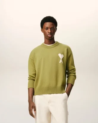 Pulover verde din lână și bumbac cu guler rotund Ami de Coeur Sweater