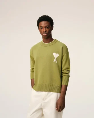 Pulover verde din lână și bumbac cu guler rotund Ami de Coeur Sweater