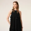 Rochie lungă neagră din amestec de mătase cu volane