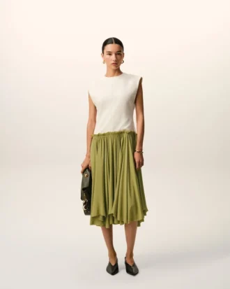 Rochie midi din lână nouă, bicoloră, albă și verde