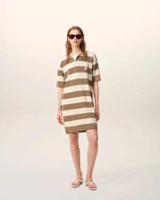 Rochie polo din bumbac alb și maro cu patch Ami de Coeur