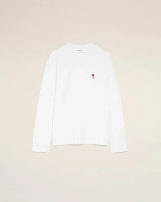 Tricou alb din bumbac cu mâneci lungi și broderie roșie Red Ami de Coeur