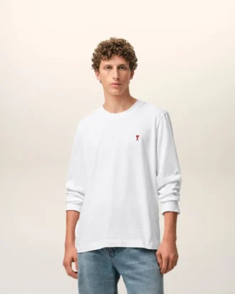 Tricou alb din bumbac cu mâneci lungi și broderie roșie Red Ami de Coeur