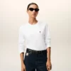 Tricou alb din bumbac cu mâneci lungi și broderie roșie Red Ami de Coeur