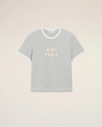 Tricou Ami Paris din bumbac gri cu patch-uri tricotate