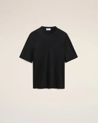 Tricou negru din satin cu mâneci scurte și detalii din tricot