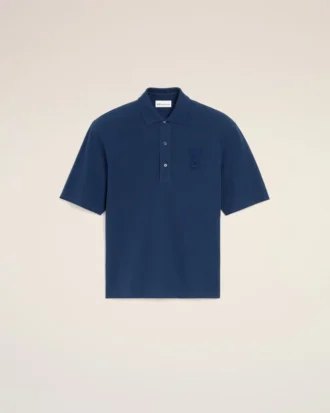 Tricou polo albastru din bumbac cu patch-uri tricotate Ami de Coeur