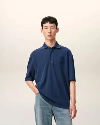 Tricou polo albastru din bumbac cu patch-uri tricotate Ami de Coeur