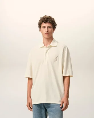 Tricou polo Ami de Coeur din bumbac alb, cu patch-uri tricotate