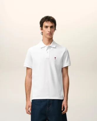 Tricou polo Ami de Coeur din bumbac alb cu roșu