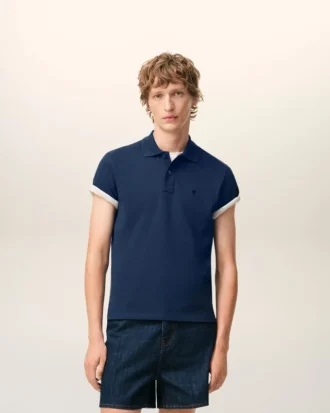 Tricou polo Ami de Coeur din bumbac albastru cu mâneci scurte