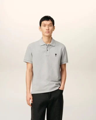 Tricou polo Ami de Coeur din bumbac gri cu contrast