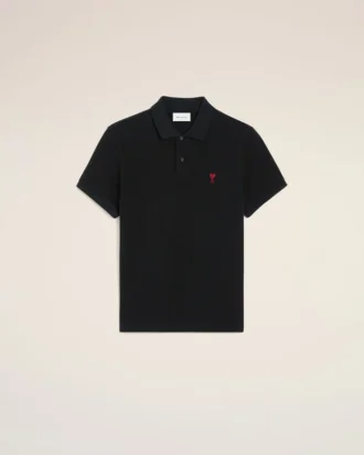Tricou polo Ami de Coeur din bumbac negru cu imprimeu roșu