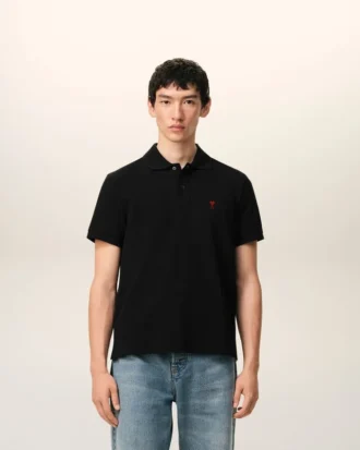 Tricou polo Ami de Coeur din bumbac negru cu imprimeu roșu