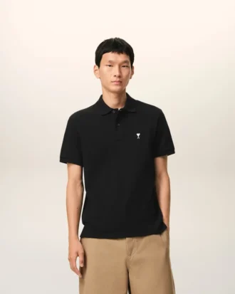 Tricou polo Ami de Coeur din bumbac negru cu mâneci scurte