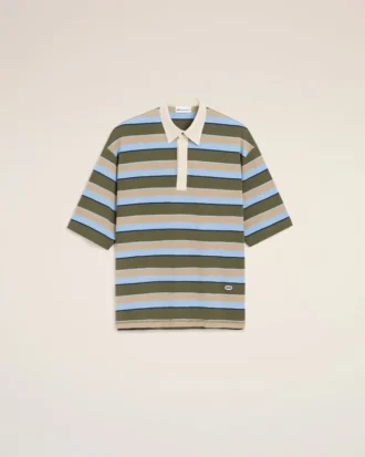 Tricou polo din bumbac cu dungi albastre și patch Ami