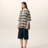 Tricou polo din bumbac cu dungi albastre și patch Ami Tricou polo din bumbac cu dungi albastre și patch Ami