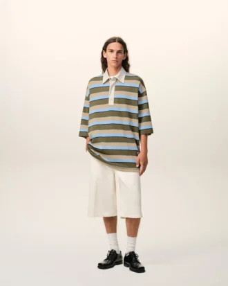 Tricou polo din bumbac cu dungi albastre și patch Ami