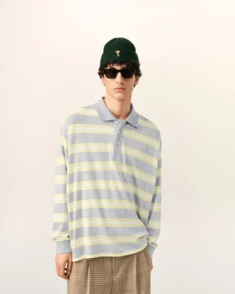 Tricou polo din bumbac cu dungi gri și galbene